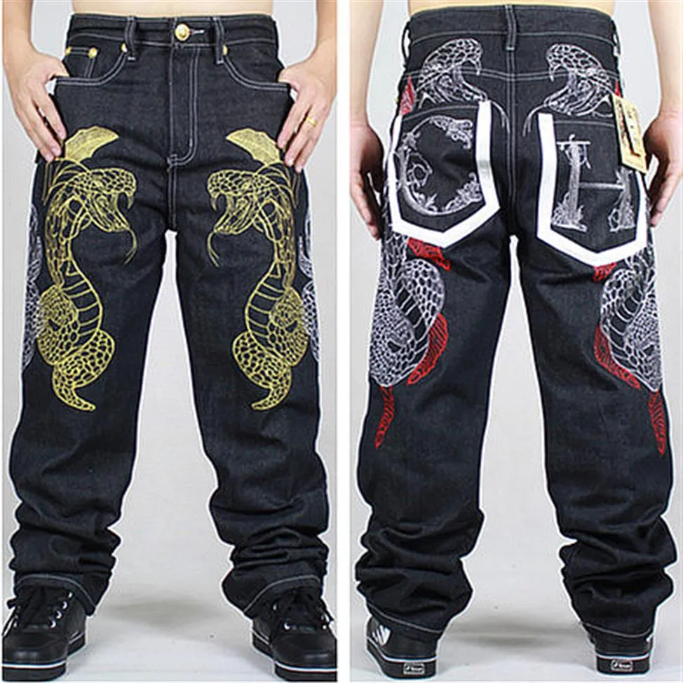 Whole-2015 Neue Mode Herren Jeans Mit Weitem Bein Gestickte Gold Python Lose Hosen Skating Hip-hop Street Rap Dance Hosen S218Z