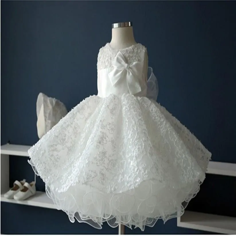 Noble blanc en mousseline de soie baptême robe de baptême nouveau-né bébé filles grand arc princesse Tutu robes d'anniversaire pour wedding257S