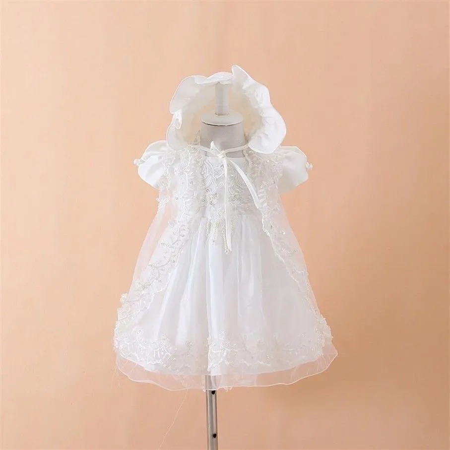 Baby Meisjes Doopjurk Jurken Hoed Sjaal Vestidos Infantis Prinses Bruiloft Kanten Jurk voor Pasgeboren Doop 3PCS262i