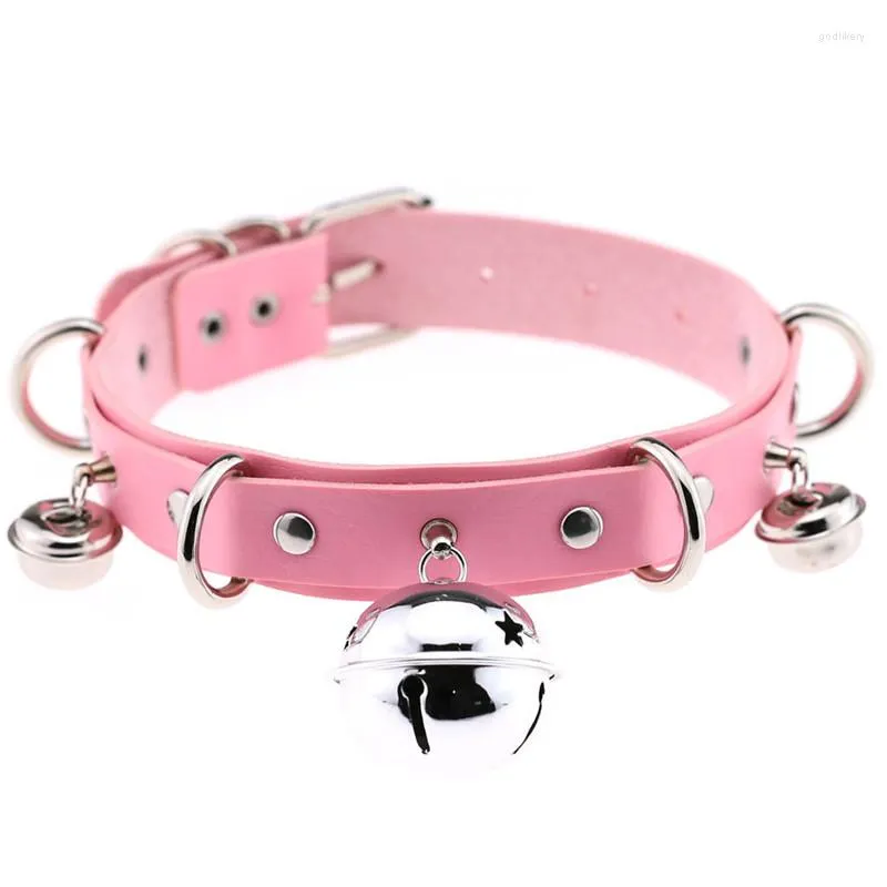 Choker Roze Punk Sexy Handgemaakte Gothic Nek Trend Lederen Halsband Riem Ketting Met Bells Club Party Goth Sieraden Groothandel