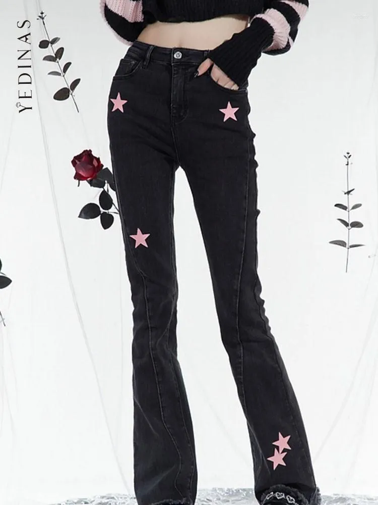 الجينز النسائي Yedinas American Retro Boot Cut Mom Women Black Print Stars Skinny High Weist Dener Breats Up Autumn Spring