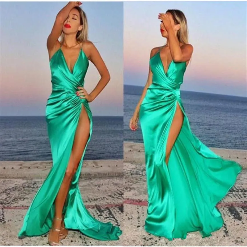 Romantic Silk Satin Green Prom Dress 2019 jade green Long Backless Floor Length Sexy Beach Side Slit Party Dresses Evening Wear Ch226E