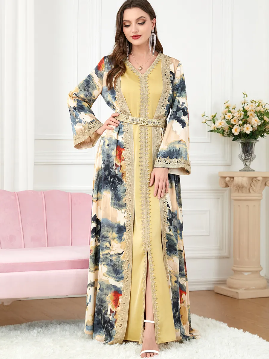 Roupas étnicas Marrocos Muçulmano Vestido de Festa Abaya Feminino Conjunto de 2 Peças Vestidos Islâmicos Cinto Bordado Kaftan Vestidos Maxi Abayas Caftan Elegante 230720