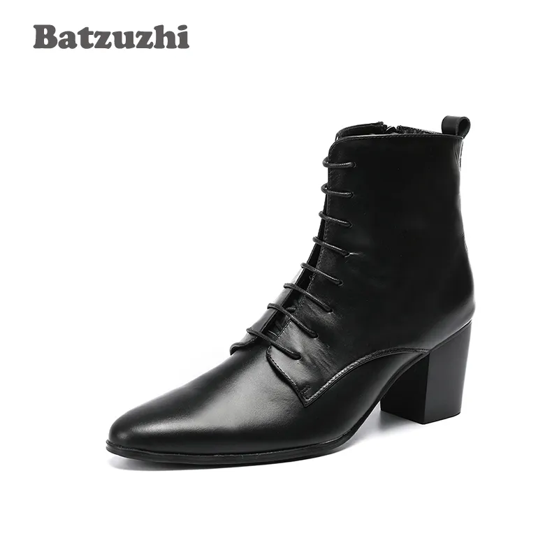 Güvenlik Ayakkabıları Batzuzhi Kovboy Botlar Erkekler Yüksek Topuklu ayakkabılar 6.8 cm Siyah Yumuşak Deri Ayak Bileği Botlar Kalın Topuklu Erkek Ayakkabı Zapatos Hombre Up Man Boots 230720