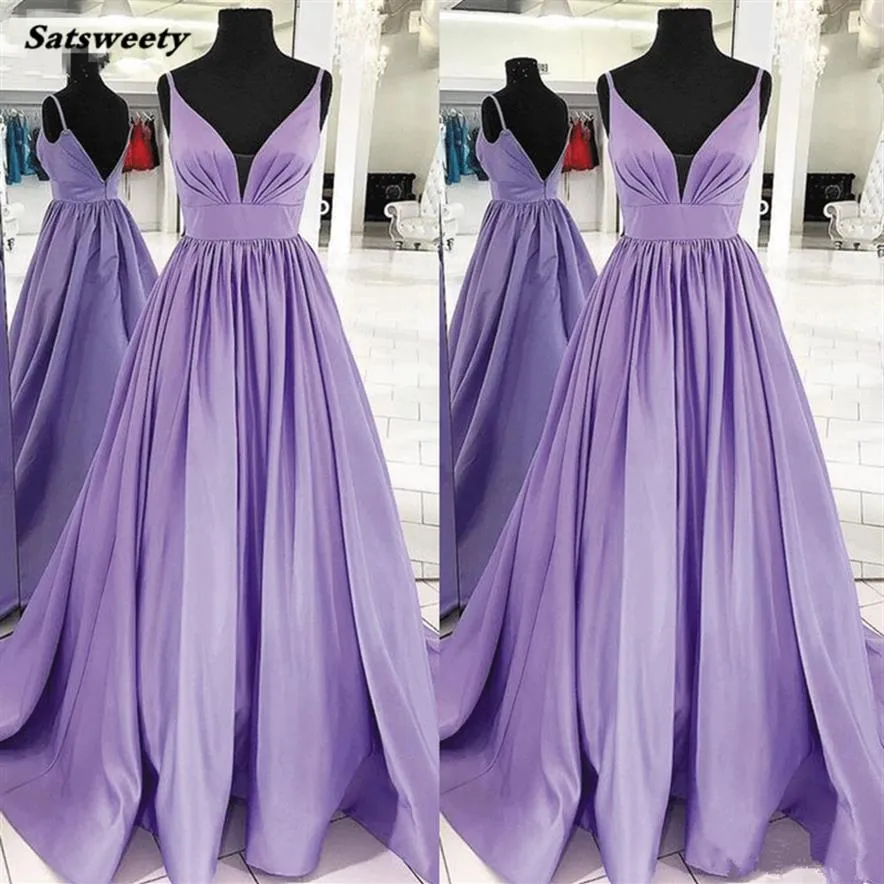 Lila ärmlös satin djup v hals prom klänning vestido de festa longo elegant enkla kvällsklänningar long200d