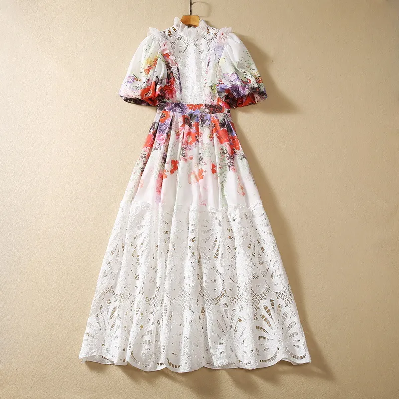 2023 outono branco floral impressão bordado vestido lanterna manga gola painéis longos maxi vestidos casuais s3q210720