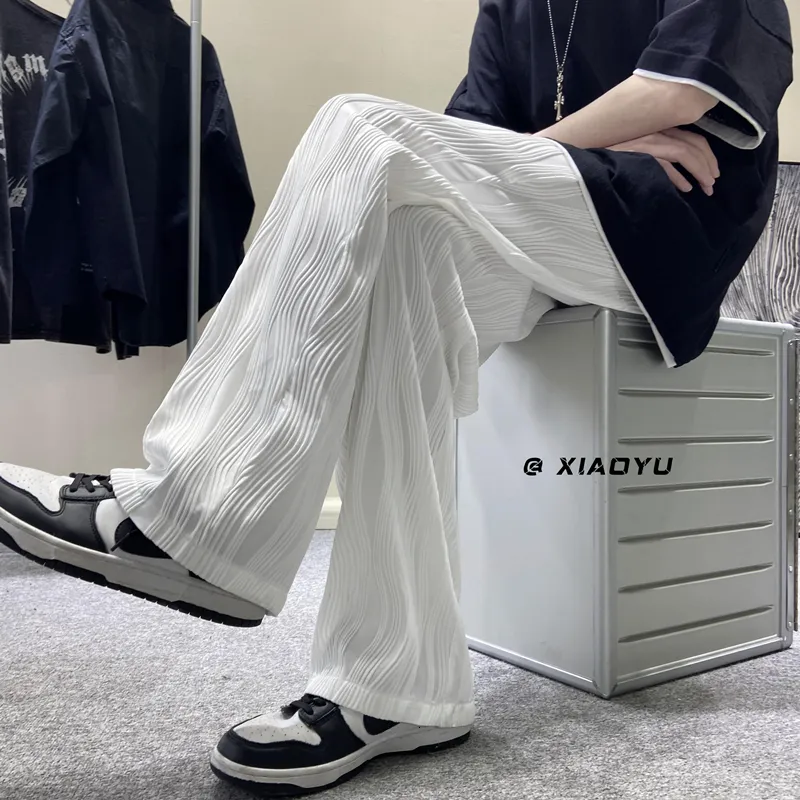 Men's Pants Men's Fashion Straight Pleated Pants Elastic Waist Casual Pants Men's Street Loose Ice Silk Wide Leg Pants White Black M-5XL 230720