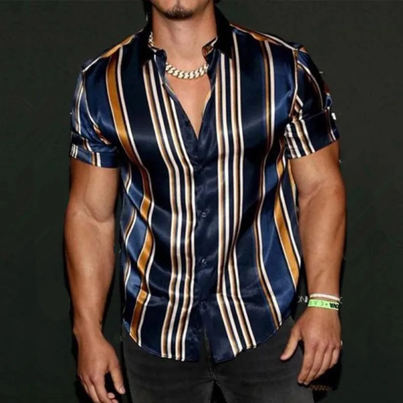 Koszule męskie letnie męskie koszulę w paski w paski moda swobodna luksusowa koszula z krótkim rękawem koszule na hawaje dla mężczyzn Blusas camisa masculina 230720