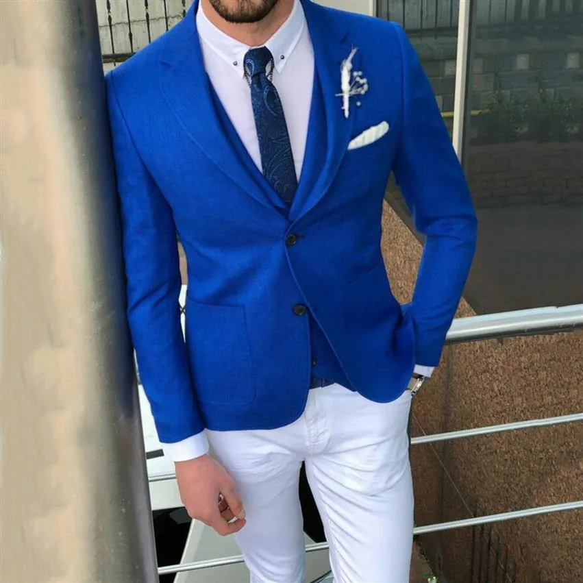 Schlanke königsblaue Herrenanzüge für Hochzeit, Anzüge, Blazer, weißes Kostüm, Bräutigam, Smoking, 3-teilig, neueste Mantel- und Hosen-Designs, Terno M311r