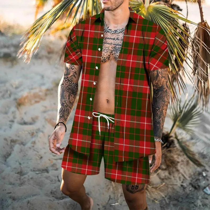 Conjunto de agasalhos masculinos com camisa xadrez vermelha e shorts para homens verão moda praia manga curta 2 peças luxo respirável terno Havaí