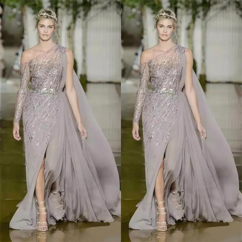 2018 Mütevazı Zuhair Murad Balo Elbiseleri Metal Kemer Tül Sequins A-Line Split One Omuz Plus Boyutu Akşam Elbisesi205a