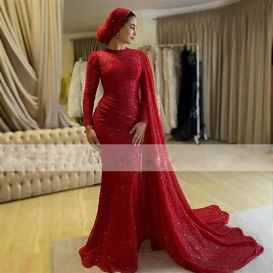 Shiny Red Sequin Muslim Evening Dresses Middle Eastern Arab Evening Gown With Cape High Neck Long Sleeve Vestidos De Noche2183