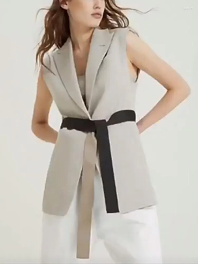 Vestes pour femmes gilet veste sans manches fente crantée solide bouton unique ceintures manteau lin bureau dame