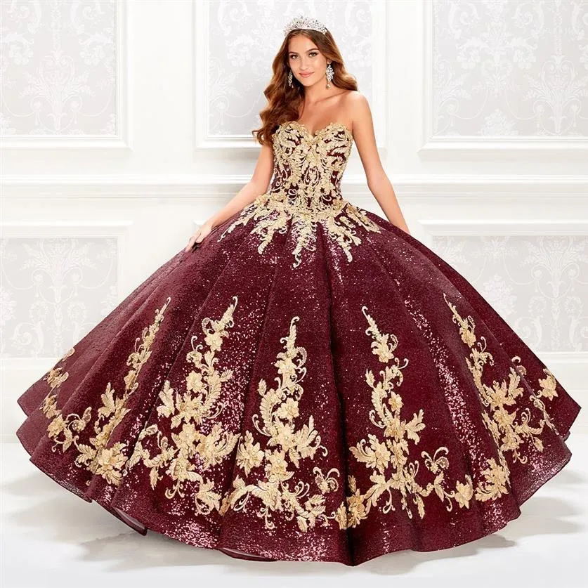 Sweetheart Beaded Sequined Ball Gown Burgundy Gold Quinceanera