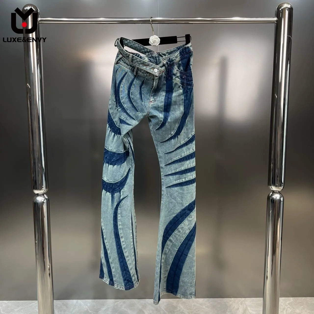 Kvinnor jeans luxe kontrast färg randig lapptäcke split midja jeans highwaist streetwear denim byxor kvinnlig sommar 230720