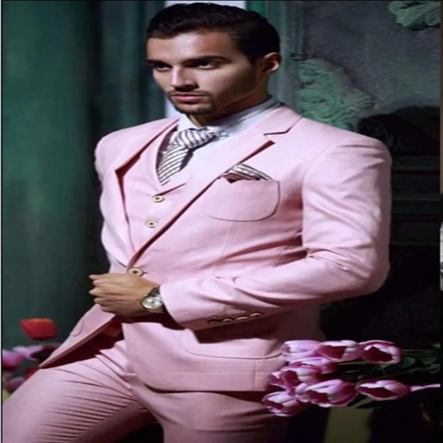 Guapo Slim Fit One Button Pink Groom Tuxedos Beautiful Groomsman Men Formal Men Prom Cena Trajes de negocios Chaqueta Pantalones Corbata Ve184V