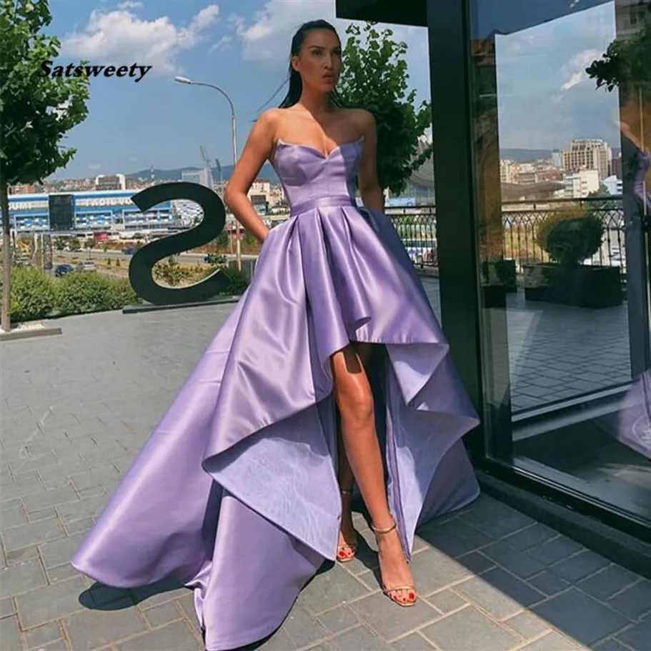 Lavendel High Low Prom Kleider Einfache Satin Herzförmiger Ausschnitt Formale Partykleider Kurze Vordere Lange Zurück Abendkleider Prom Gowns229a