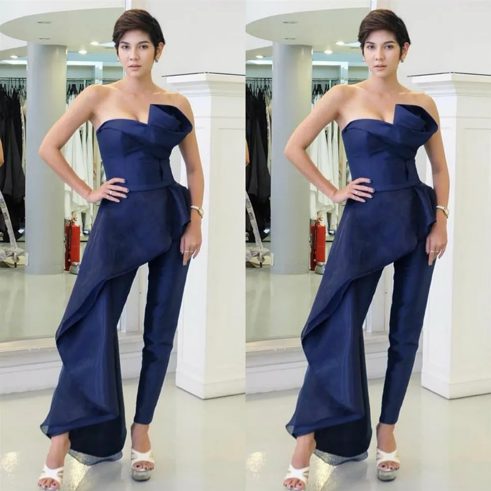 Fashion Royal Blue Pantsuit Prom Dresses Strapless With Overskirt Evening Gowns Vestidos De Fiesta Organza Party Cocktail Dress2844