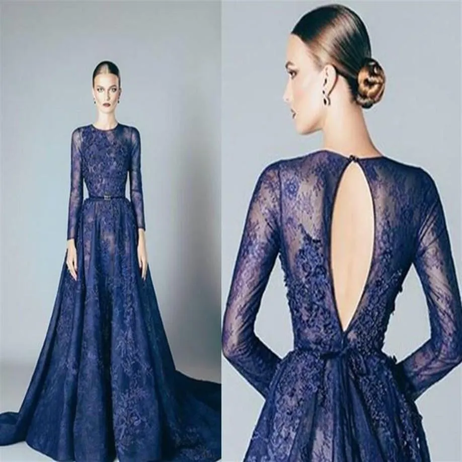 Bleu marine Elie Saab robes de soirée en dentelle robes de bal formelles robes avec une ligne dentelle appliques perles col rond manches longues pas cher 20269L