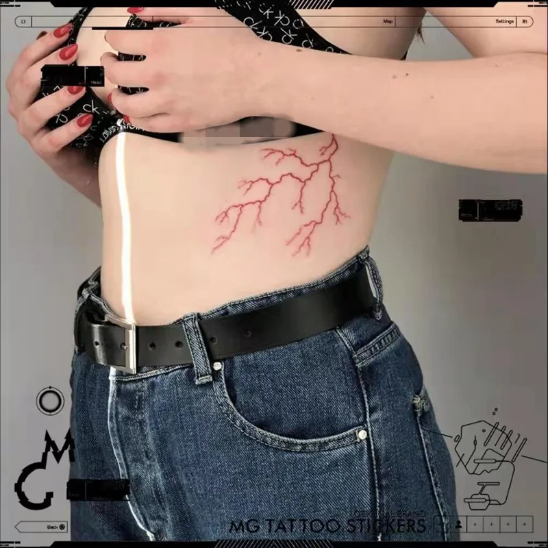 Red Bloodline Lightning Tatuagem Temporária Adesivos Feminino Escuro Impermeável Preto Legal Personalidade Arte Tatuagem Falsa Cintura Braço Tatuagem