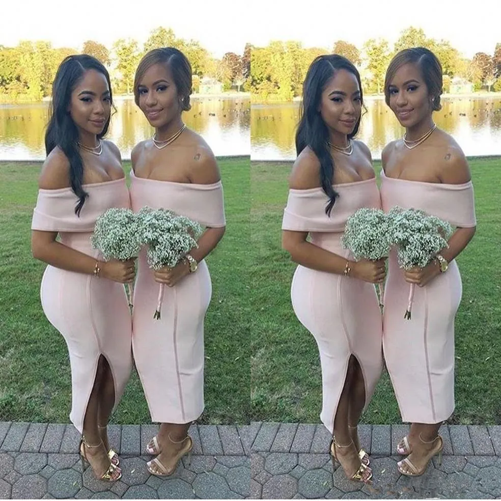 Sheath Off Shoulder Dresses with Slit Blushing Pink Plus Size