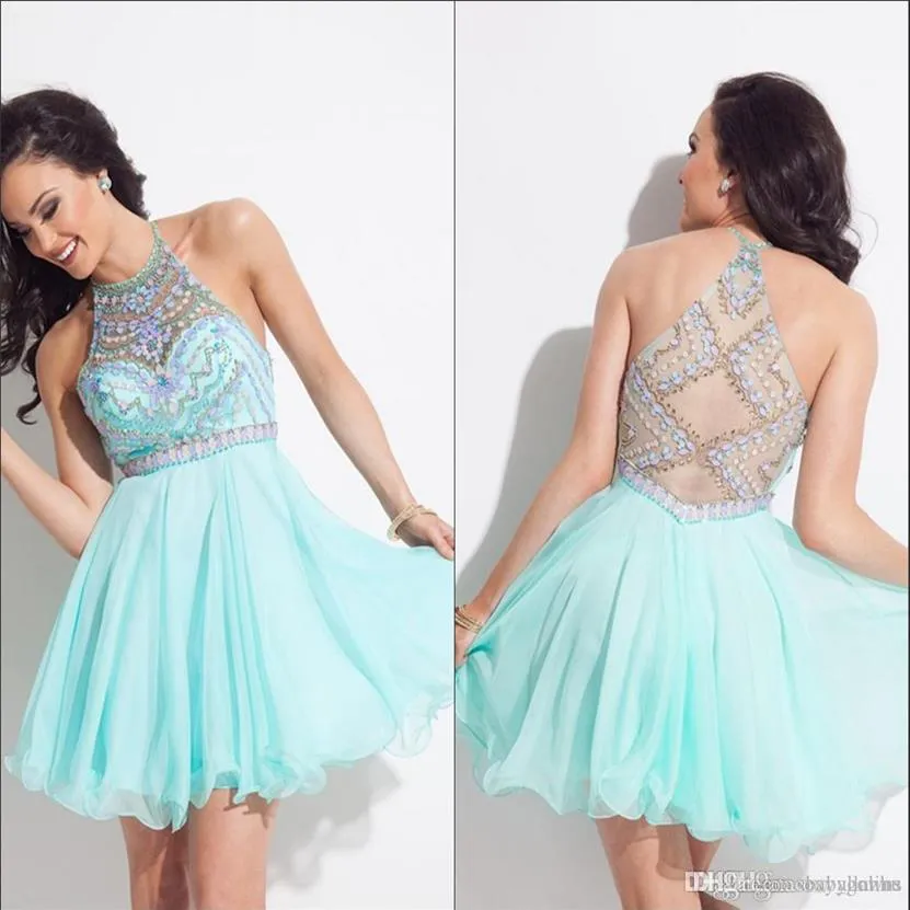 Mint Green Halter Rhinestone Homecoming Dresses 2016 Illusion Short Mini Party Gowns Prom Dresses Cocktail Dress 8th Grade Graduat303k