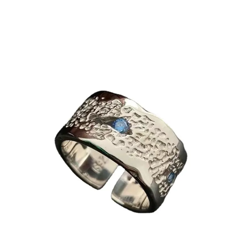 Hommes cluster texturé féminin Nugget Ring Diamond Cutting Deposed Iced Baguette Couple Band Anneaux Bijoux avec Blue Stone