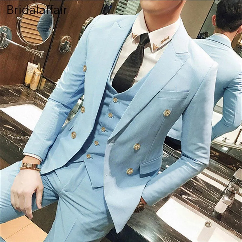 Gwenhwyfar Latest Coat Pant Designs Sky Blue Men Suit Set Slim Fit 3Pcs Formal Tuxedo Groom Wedding Suits Custom Prom Terno Mascul212T
