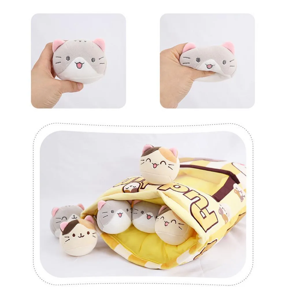 Xujuika Pudding Chat Oreiller - Snack Oreiller Chat Oreiller en Peluche - Oreiller Chat Snack Oreiller - Coussin pour Collation Mignon avec 8 Poupées en Peluche Chat Amovibles pour en-Fant