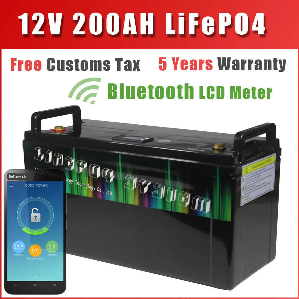 12V LifePo4 Bateria 200ah Bluetooth BMS LCD Waterproof Bateries 4000 Cycles RV Campers off-Road Off-Grid Solar Energy Golf wózek