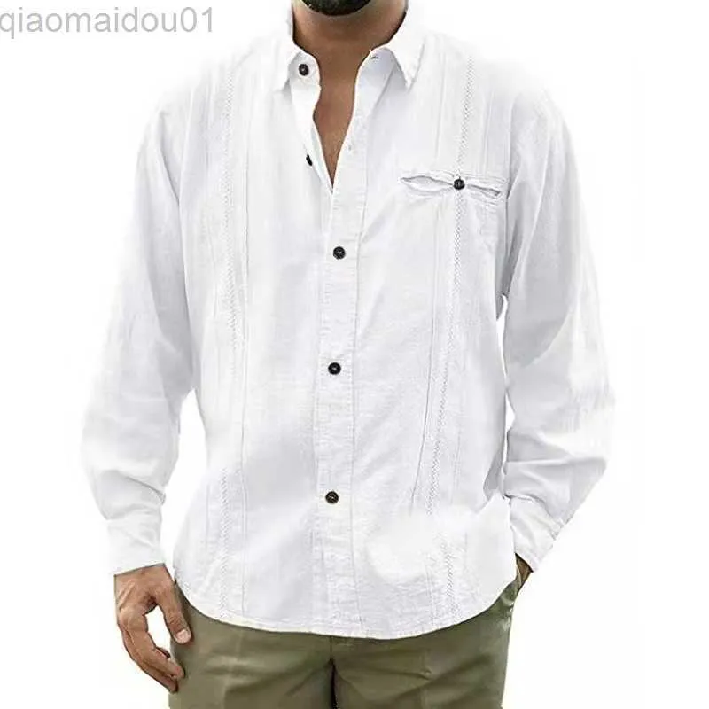 Camicie casual da uomo Camicia di lino in cotone moda autunno Camicia casual da uomo con colletto rovesciato Bottone solido Primavera spiaggia Camicetta a maniche lunghe da uomo L230721