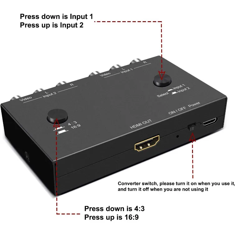 2 puerto AV a HDMI Converter Dual RCA a HDMI Convertidor Adaptador de interruptor CVBS para reproductor de DVD VCR, TV y consola de juegos de proyector