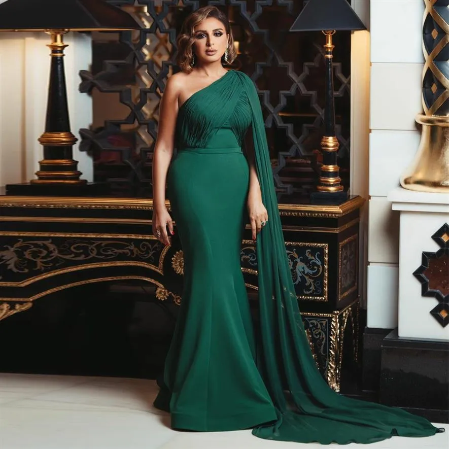 One Shoulder Mermaid Evening Dresses Emerald Green Chiffon Side Wrap Prom Gowns Long Satin Special Occasion Dress286C