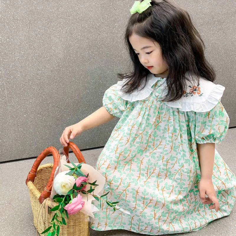 2023 الصيف الكوري فتيات جديدات قصيرة الأكمام الأزهار الأميرة اللباس اللباس القطن طفل الأطفال