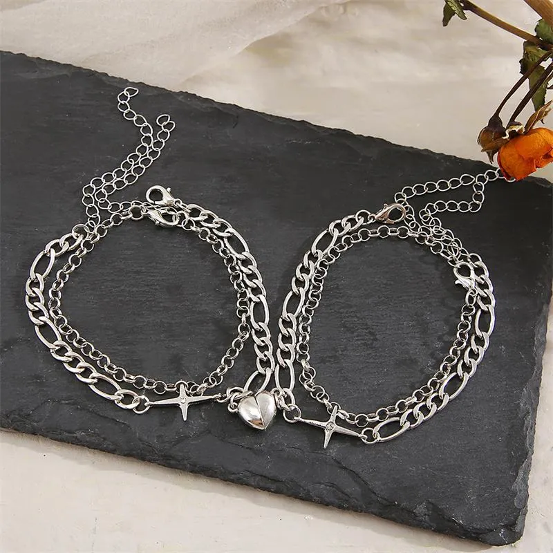 Link Bracelets 2PCS/Set Multilayer Magnetic Heart Bangles For Women Lovers Y2K Vintage Chain Silver Color Set Punk Jewelry