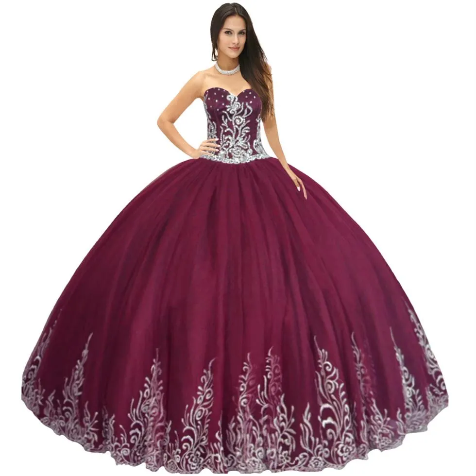 Pretty Sweetheart Burgundy Quinceanera Dress Swirling Embroidery Around Hemline Floor Length Tulle Pleated Skirt Princess Sweet 16230P