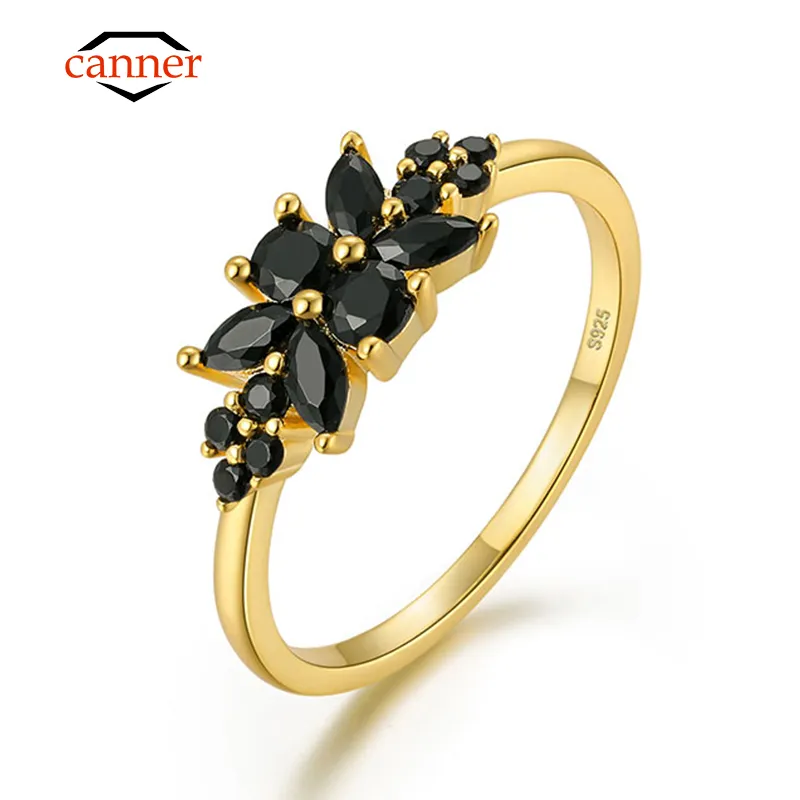 CANNER Argento sterling 925 Placcatura in oro 18 carati Zircone nero Flora Anello di fidanzamento per donna Anelli Fine Jewelry Anillo