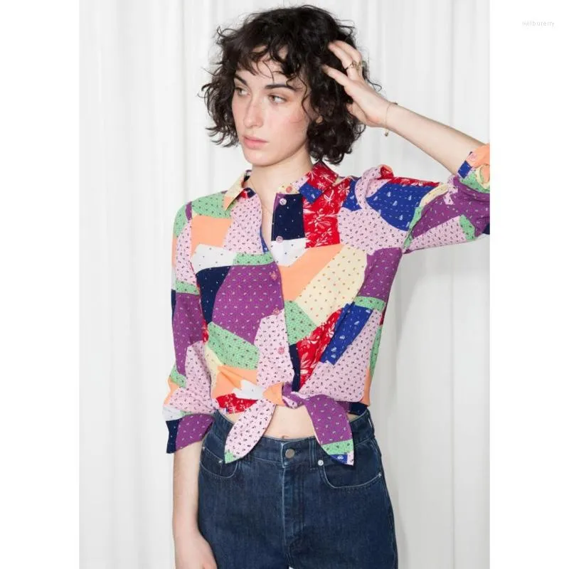 Blusas femininas 2023 verão mulheres coloridas padrão geométrico notada camisa de manga comprida