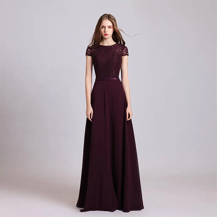 5646 Aline Jewel Long Bridesmaid Dress Kort ärmar Lace Chiffon Backless Custom Made Maid of Honor Wear310n