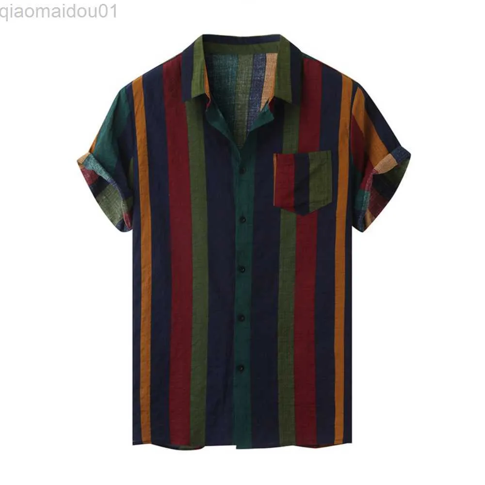 Men's Casual Shirts Men's Short Sleeve Hawaiian Shirt Single Breasted 3D Printed Multicolor Striped Casual Loose Premium Oversized Shirt S-5x L230721