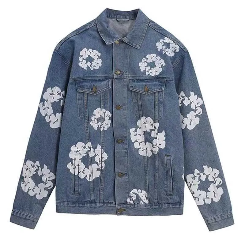 White Flower Brand Men's Jeans Denim Floral Jacket Readymade Foam Flower Co Branded Tears Women Puff Printed Distressed Pullover Embroidery Kapok 5pi7 5AIQ