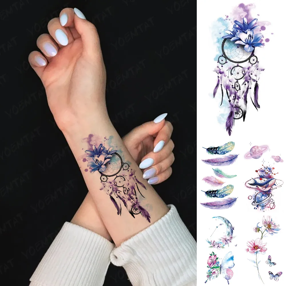 Impermeabile Autoadesivo Del Tatuaggio Temporaneo Acquerelli Dream Catcher Flash Tatoo Piuma Braccio Polso Tatuaggio Finto Per Body Art Donna Uomo