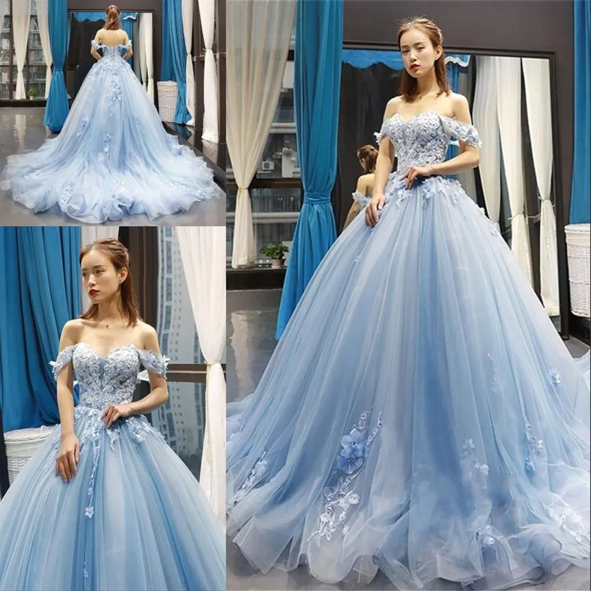 Sky Blue Quinceanera sukienki suknia balowa z ramion 3D Kwiaty aplikacyjne Słodki 16 sukienek PROM Party Suknie vestidos272c