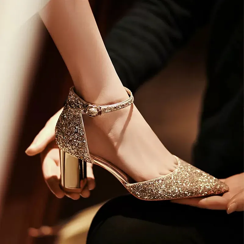 Sier and Dress Gold Sequins Pump Women's Pointed Toe Ankle Straps Wedding Thick High Heel Party Shoes 230720 3936