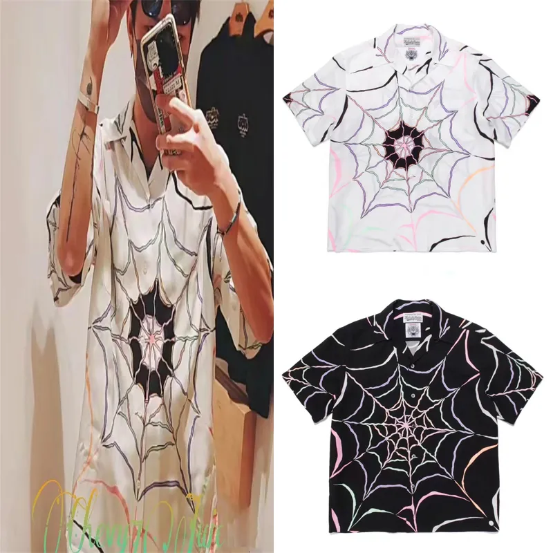 Camisas casuales para hombres Colorful Spider Web WACKO MARIA Shirt Hawaii Beach Hombres Mujeres Alta calidad Holiday Seaside manga corta Top 230720