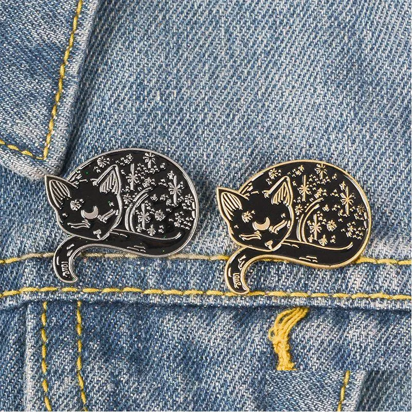 Pins Brooches Cat Enamel Pin Black Animal Denim Brooch Well-Behaved Quiet Rolled Up Body Fell Asleep Badge Lapel Coat Jewelry Drop D Dhsrs