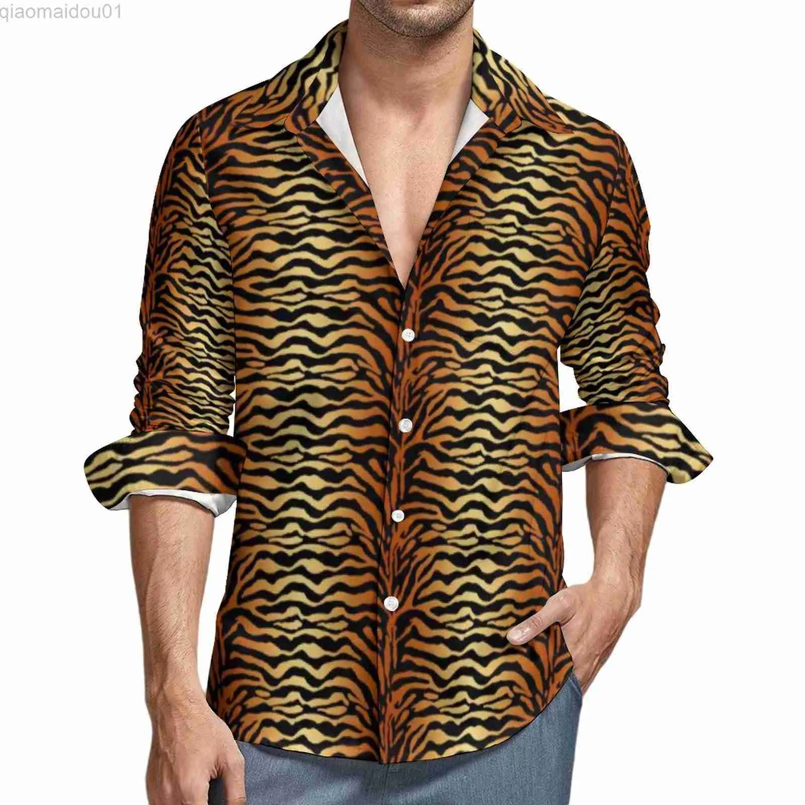 Men's Casual Shirts Tiger Print Shirt Autumn Animal Black Stripes Casual Shirts Male Novelty Blouses Long Sleeve Graphic Harajuku Clothing Plus Size L230721