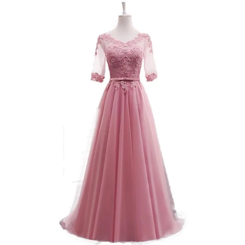 A-Line Half ärmar Lace Elegant aftonklänningar Prom Party Dress Blue Pink Grey White Red Evening Gown 2020 Lång formell klänning290T
