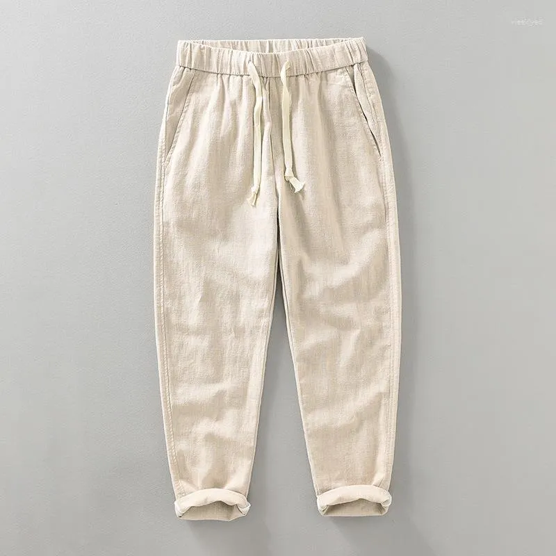 Męskie spodnie kostki Lniane harem męskie ubrania plisowane oddychane białe, swobodne brązowe spodnie khaki dla mężczyzny 2023 Summer