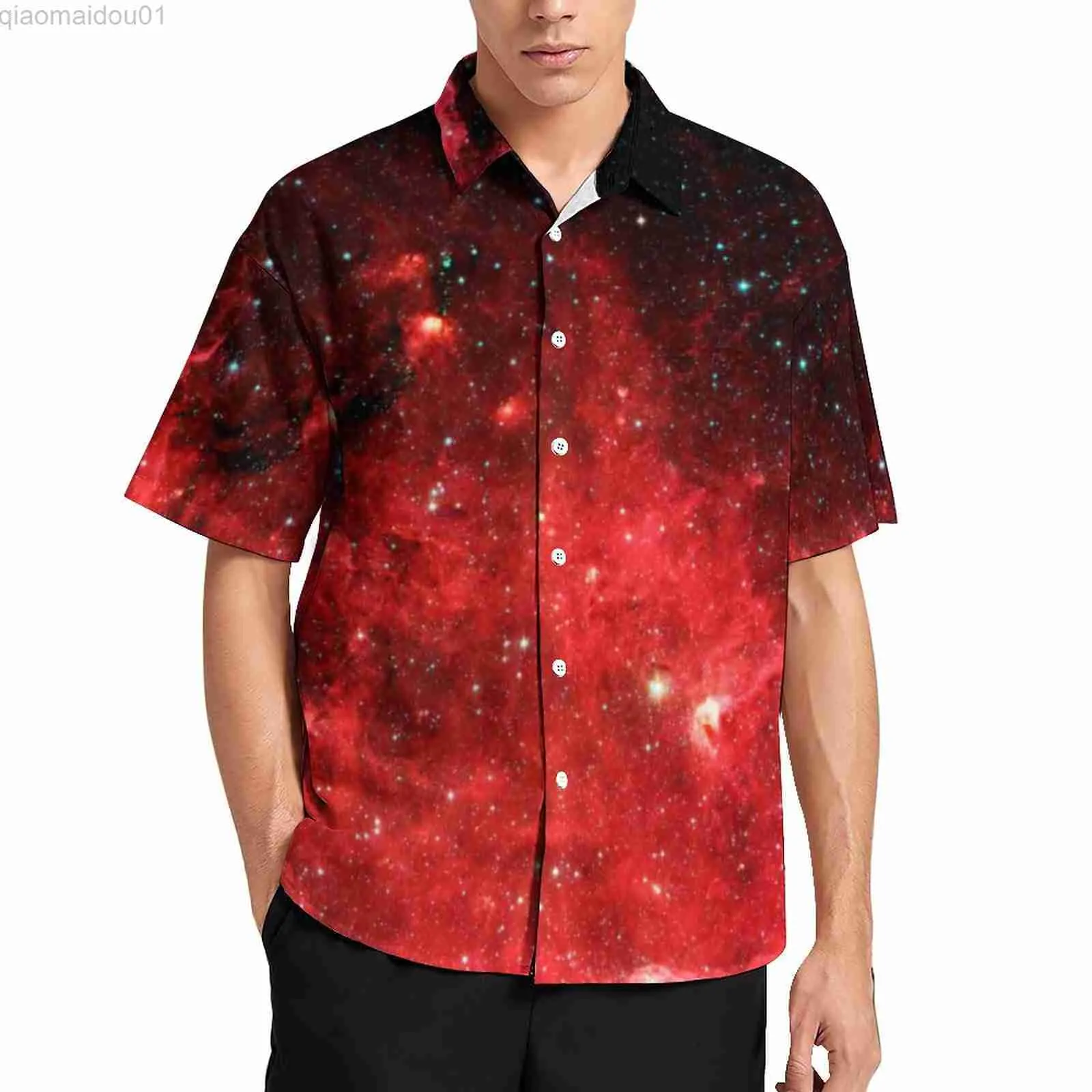 Erkekler Sıradan Gömlek Kırmızı Galaxy Sky Tatil Gömlek Kuzey Amerika Bul Nebula Hawaii Rahat Gömlek Moda bluzları kısa kollu özel giyim artı boyutu L230721